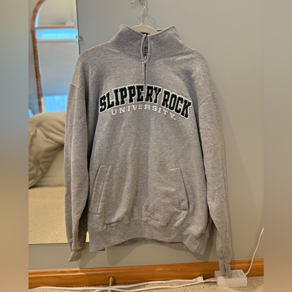 Champion Gray Zip Up Sweater with Slippery Rock University Logo (UNISEX XL!)